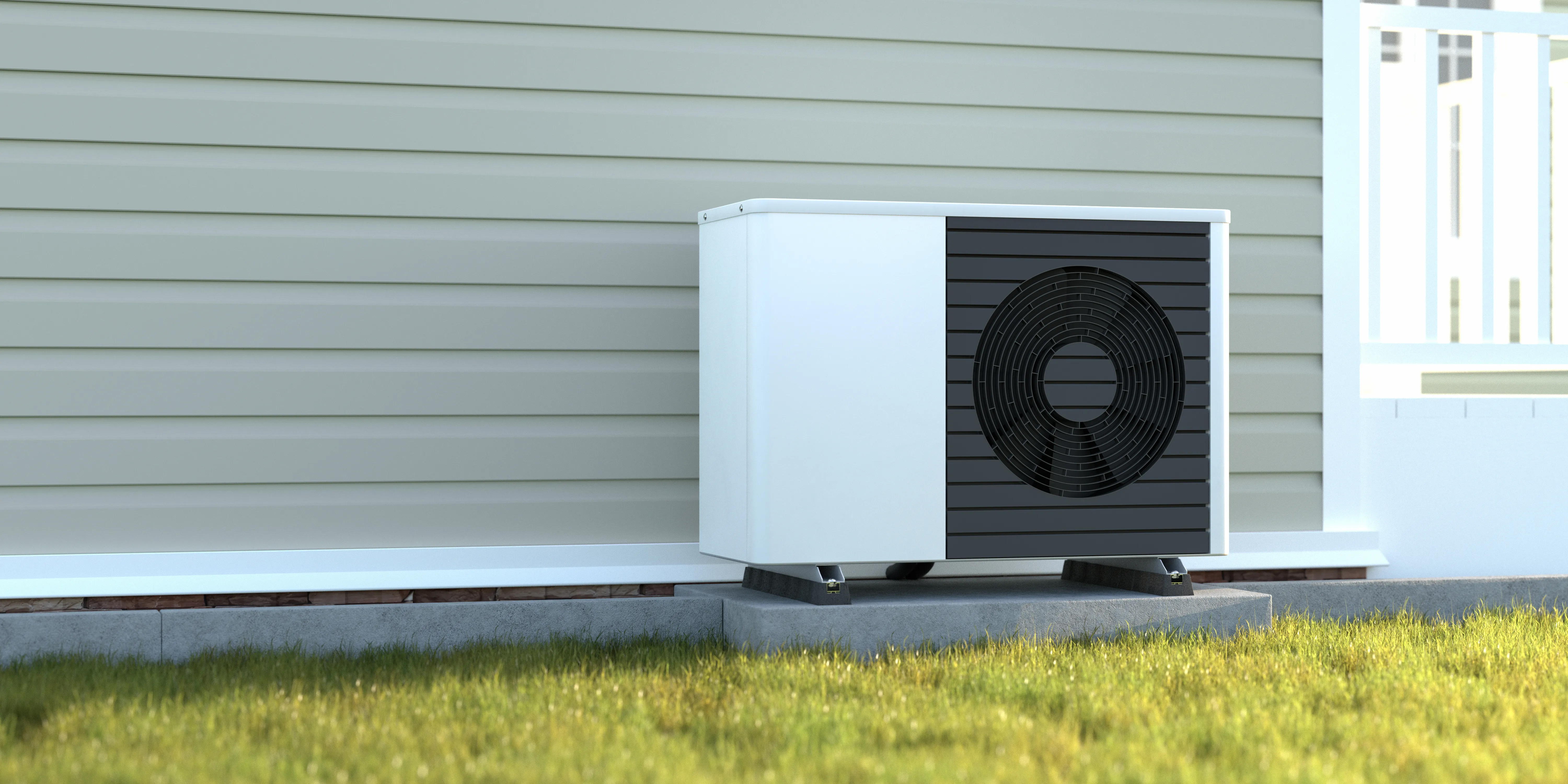 Photorealistic 3d render of a fictitious air source heat pump mounted to a concrete base with vibration dampers on the outside of a house..jpeg